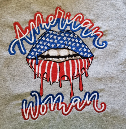Empowering 'American Woman' Embroidered T-Shirt | Unique Patriotic Gift for Her